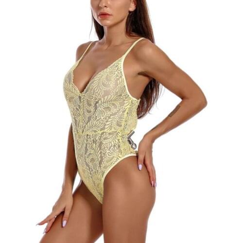 Sexy Temptation Lace Stitching Mesh Deep V Piece Underwear Sexy Pajamas Adjustable Bodysuit S-XL 2019