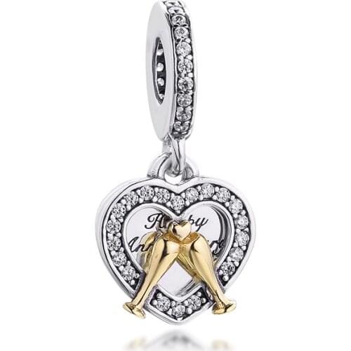 Fits Pandora Bracelet 925 Sterling Silver Two-tone Happy Anniversary Dangle Charm Beads for Jewelry Making rosario berloques