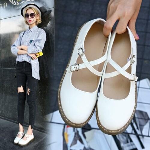 Lolita Shoes Double Buckle Mary Janes Shoe Platform Girls Shoes Black Women Casual Shoes White Flats Round Toe Brown 8822L