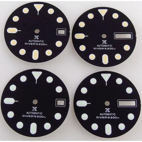 For NH35 NH36 Movement 28.5mm Black Watch Dial Day/Date Window Green Luminous Spare Parts