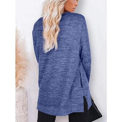Womens round neck long-sleeved solid color cotton and linen split casual fashion comfortable loose long T-shirt