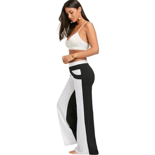 Mid Elastic Waist Pants Causal Wide Leg Pants With Color Block Patchwork Women Pants Loose Straight Flat Long Trousers 2021 New
