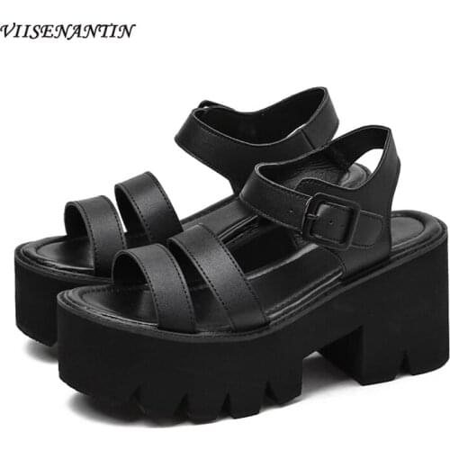 2021 new summer black punk street Harajuku thick-soled thick-heeled personality Roman style high-heeled sandals women