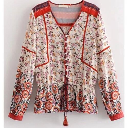 Women Boho Blouses Long Sleeve V Neck Drawstring Printed Casual Top for women