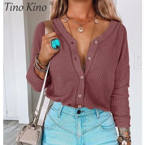 Womens knitted waffle button shirts round collar long sleeve tops loose for women office ladies casual top autumn winter 2021