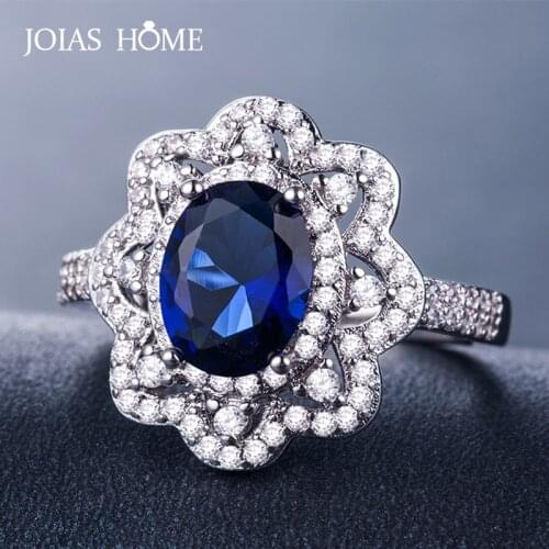 JoiasHome Vintage Silver 925 Jewelry Rings with Oval Shape Ruby Sapphire Zircon Gemstone for Women Wedding Party Gift size 6-10