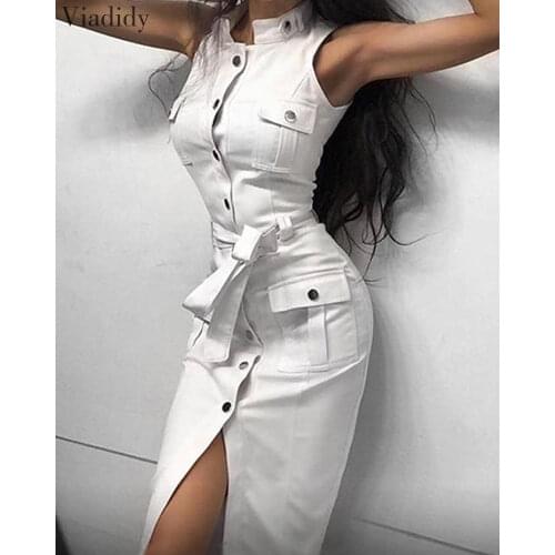 Women Sleeveless Button Lace-up Solid Color Midi Dress with Belt