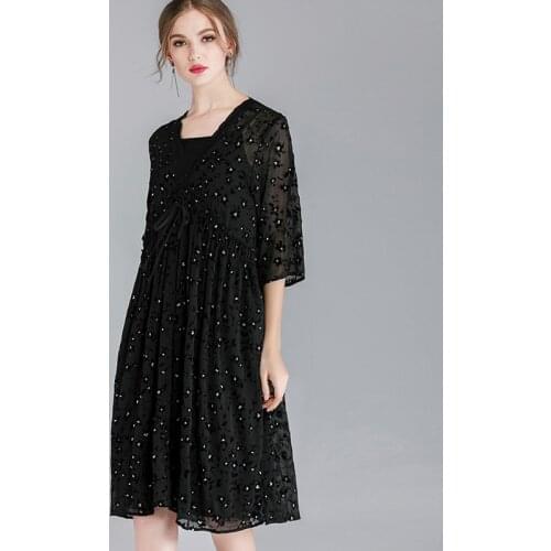 Womens Plus size fashion slim V Neck bandage chiffon dresses high waist casual Elegant dress two piece silver point black dress