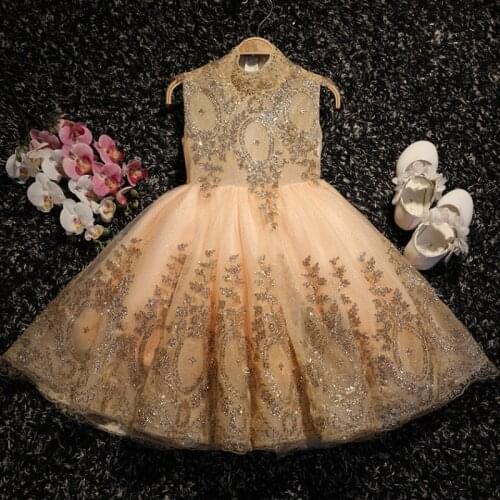 Sequin Gold Tulle Infant Birthday Party Dress Baby Girl Christening Gowns Toddler Events Party Wear Newborn Baptism Clothing