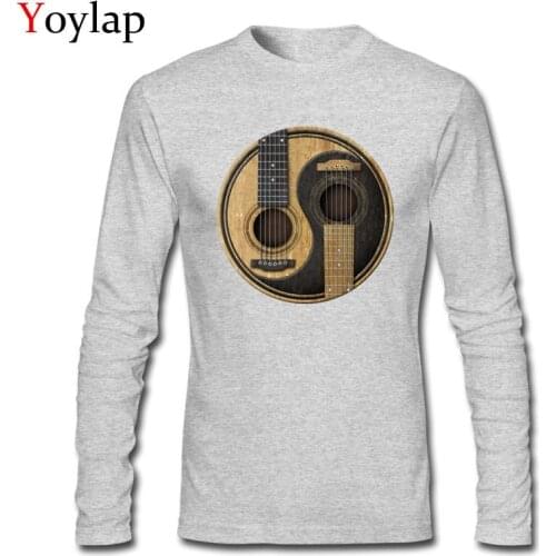 2017 Yin Yang Design Old And Worn Acoustic Guitars T-shirt For Men Long Sleeve Cotton Tee Shirts Tops For Sale