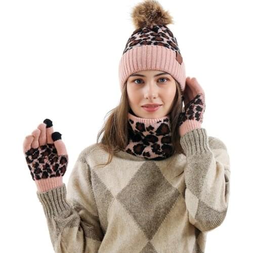 3Pcs Women Winter Pompom Beanie Hat Scarf Touch Screen Gloves Set Warm Knit Leopard Print Skull Cap Plush Lined Warmer