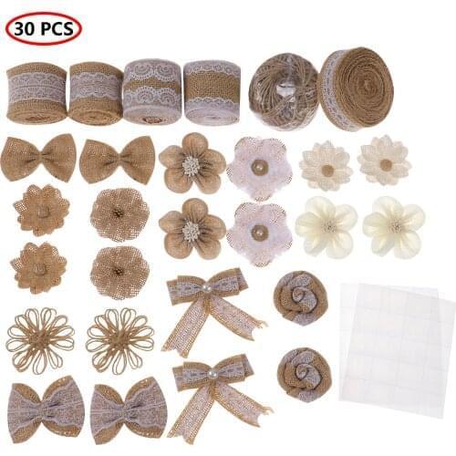 30Pcs Vintage Burlap Flowers Set Handmade Burlap Flowers and Bowknots Burlap Ribbon Rolls for Wedding Party Home Decor DIY Craft