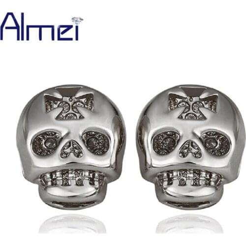 Almei 2017 New Fashion Crystal Jewelry Earrings Silver Color Skull Earring Unisex Halloween Ear Stud High Quality Brincos E913
