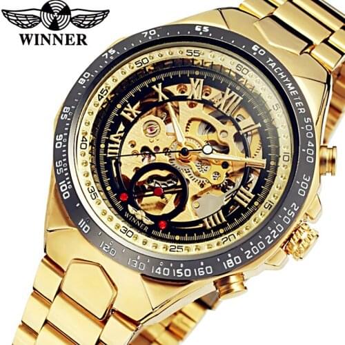 Winner Automatic Mechanical Watches Mens Gold Luxury Stainless Steel Wrist Watch Men Sport Skeleton Military Army Clocks Gift