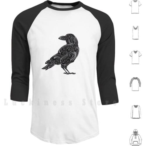 Black Crow Tribal Design Hoodie Long Sleeve Crow Raven Magpie Crow Book Blackbird Swirl Swirly Filigree Black Dark