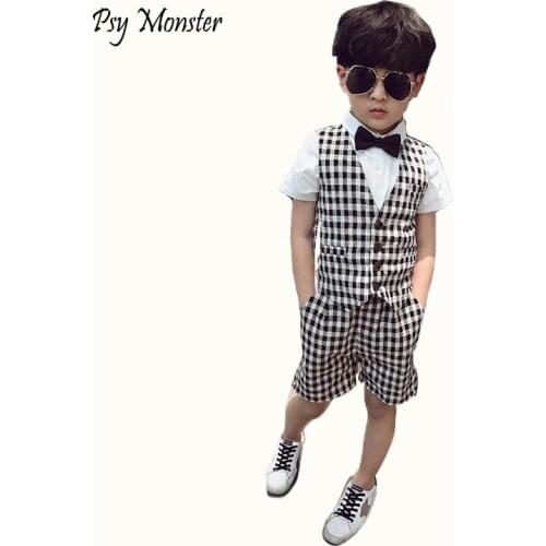 Childrens Formal Plaid Vest Suit Set Summer Boys Waistcoat Shorts Handsome 2PCS Clothing Sets Kids Party Performance Costume