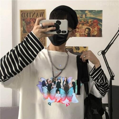 KPOP Album X X Butterfly - LOONA T Shirt Summer Long Sleeve T-Shirt Harajuku Streetwear Oversized Fake Two Piece Stripe Tshirt