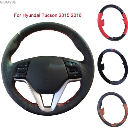 GERAYBU Custom DIY Black Leather Hand-sewn Car Steering Wheel Cover For Hyundai Tucson 2015 2016 Breathable Wear-resistant
