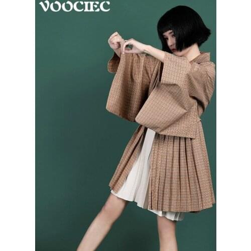 VOOCIEC Japanese Girl Kimono Style Girl Retro Jacket Pleated Mid-Length Suit Collar Kimono Trench Gentle Girl Niche Style Coat