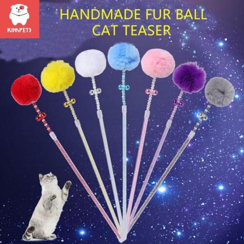 KIMPETS Rabbit Fur Ball Funny Cat Stick Owner Interactive Play With Plush Ball Teases Stick Toy Bell Funny Cat Sticker