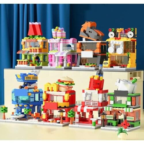 Single Mini City Street Series Food Candy Pizza Ice Cream Shop Bookstore MOC Building Blocks Kids Educational Toys