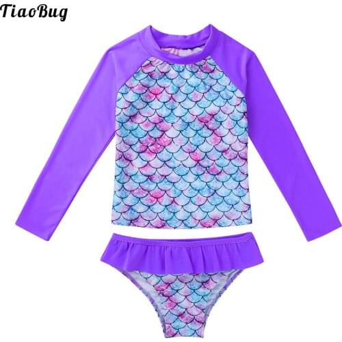 Summer Kids Girls Swimwear Tankini Long Sleeves Fish Scales Printed Rashguard Swimsuit Bathing Suit Set Tops With Bottoms