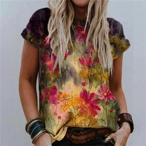 New Womens Fashion T Shirt O Neck Casual Flower Printed Shirt Short Sleeve Multicolor Loose Blouse Ladies T-shirt