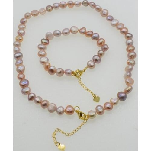 One set freshwater pearl purple baroque 7-9mm necklace bracelet 17inch wholesale beads nature FPPJ