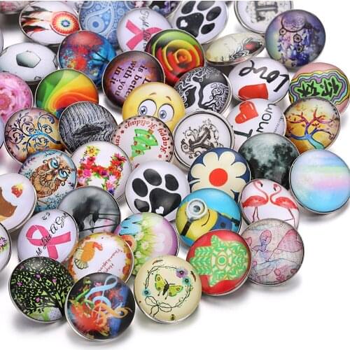 60pcs/lot Wholesale Snap Jewelry Randomly Mixed Flower Round 12mm 18mm Glass Snap Buttons Fit DIY Snap Button Bracelet Bangle