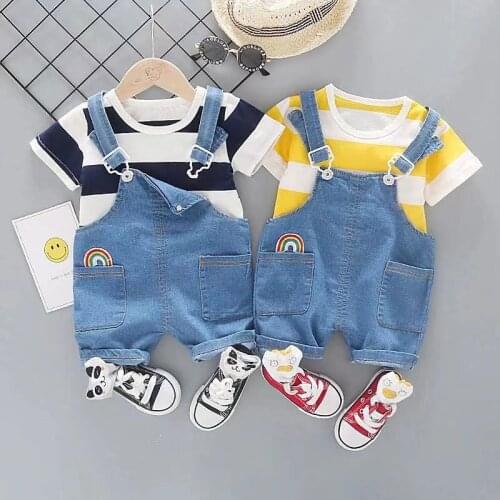 0-4 years baby boy clothes set summer short-sleeved striped top rainbow denim jumpsuit suit baby boy casual cotton 2-piece suit
