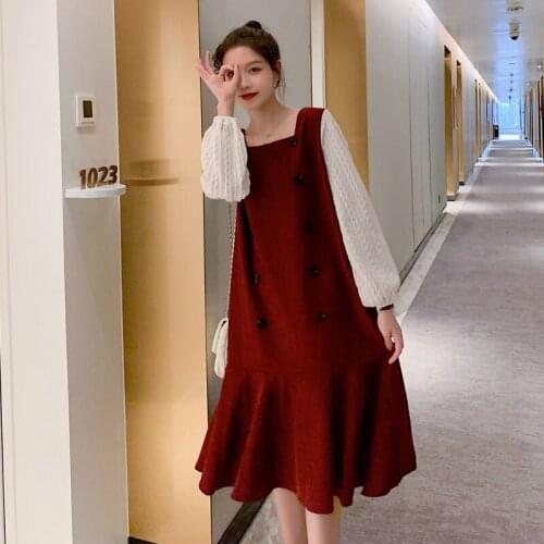 6175# Maternity Dress Spring Autumn squre collar Cotton Plus size Long Sleeves Loose Stylish Dress for Pregnant Women Mom Dress