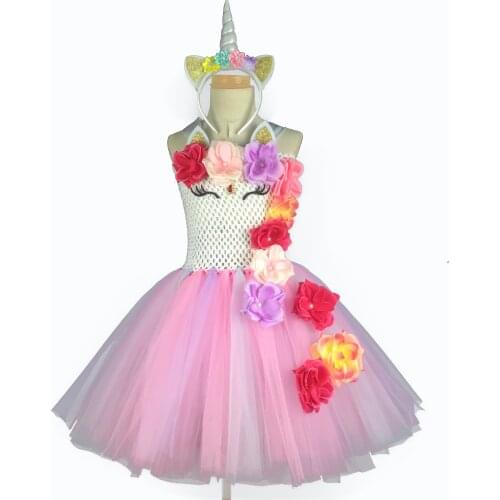 Girls Pastel Flower Unicorn Tutu Dress Kids Crochet Tulle Strap Dress with Hairbow Child Birthday Party Cosplay Costume Dresses