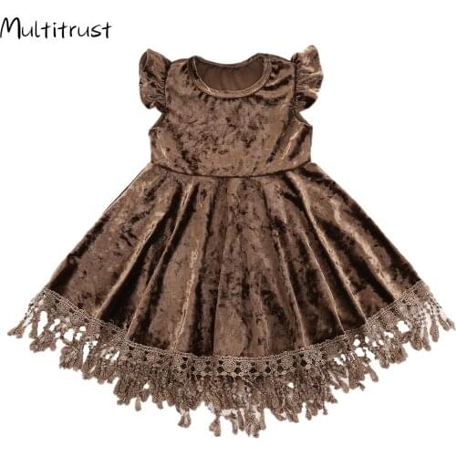2020 New Children baby Girl Clothes Ruffles Sleeve Dress Autumn Vintage Solid Color Tassel A-line Princess velvet Dress