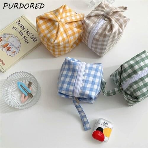 PURDORED 1 Pc Women Mini Plaid Makeup Bag Cute Small Cosmetic Bag Handbag Female Girl Travel Beauty Case Lipstick Bag