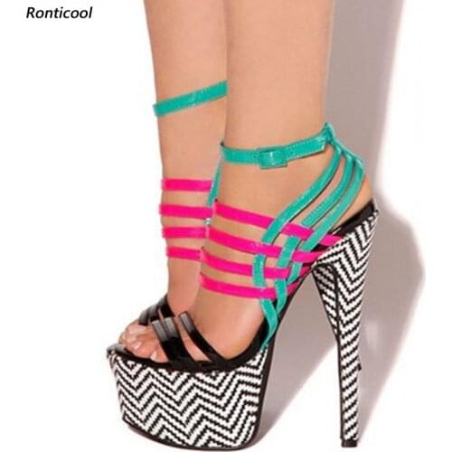 Ronticool New Handmade Women Platform Sandals Strappy Sexy Stiletto Heels Open Toe Gorgeous Multi Color Dress Shoes US Size 5-15