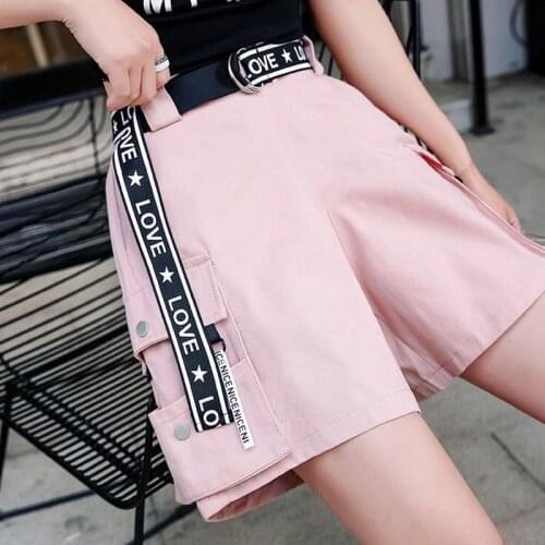 Streetwear Pink Black Shorts Women Fitness Korean Summer High Waist Wide Leg Cargo Shorts Womens Clothes Feminino With Belt