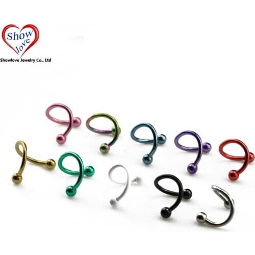 Showlove 10Pcs Color Mixed Titanium Anodized Twist Circular Barbell Nose Lip Rings Piercing Mixed 10Colors