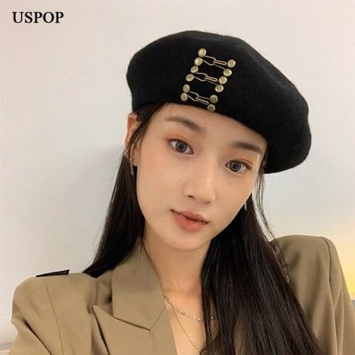 USPOP Winter Hats Women Berets 100% Wool Hat Fahion Metal Button Beret