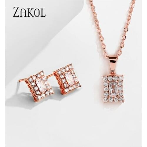 ZAKOL New Arrivals Cubic Zirconia Square Pendant Necklaces Two Colors Plating Wedding Party Jewelry Sets for Women Gifts