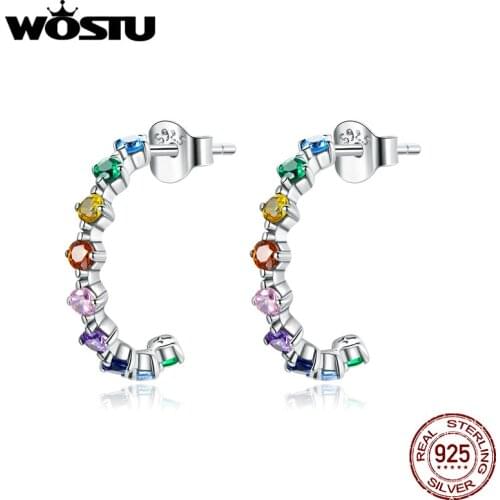 Wostu Earrings Genuine 925 Sterling Silver Simple Rainbow Galaxy Stud Earring for Women Wedding Fine Jewelry Gift DXE1014