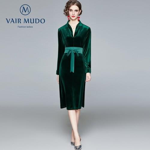 VAIR MUDO High-End Dress Women Solid Trumpet Mermaid Ladies Velvet Dark Green Temperament Dress Retro V-neck Midi Skirt Y-12