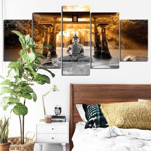 5 Pieces Decor Painting Religious Buddha Statue & Flower Lotus Canvas HD Print Decoration For Living Room Dining Room Hotel Wall