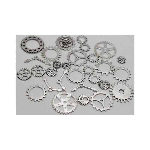 50 Assorted Tibet Silver Colour Colour Tone Steampunk Filigree Gears Charm Pendant Cogs Discs