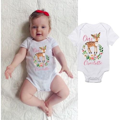 DERMSPE Cotton Toddler Baby Boys Girls Short Sleeve Print Letter One Charlotte Giraffe Romper Jumpsuit Clothes Outfits White