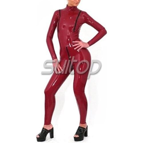 Customize latex catsuit with back zip gold sexy latex rubber clothes for women with breast zip in rose red