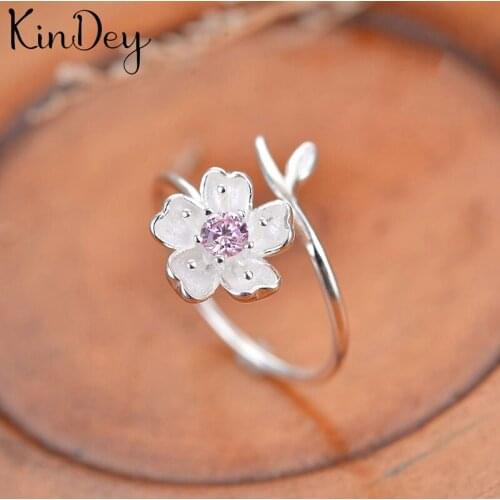 Kindey New Silver Color Pink Cherry Blossom Flower Rings For Women Men Boho Vintage Jewelry Adjustable Size Finger Rings