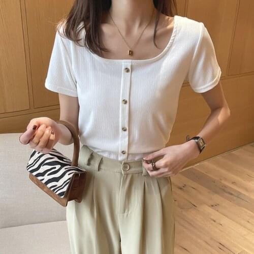 Fashionable Style Knit Short T-shirt Womens Short Sleeve Solid Back High Waist Slim French Square Neck Top