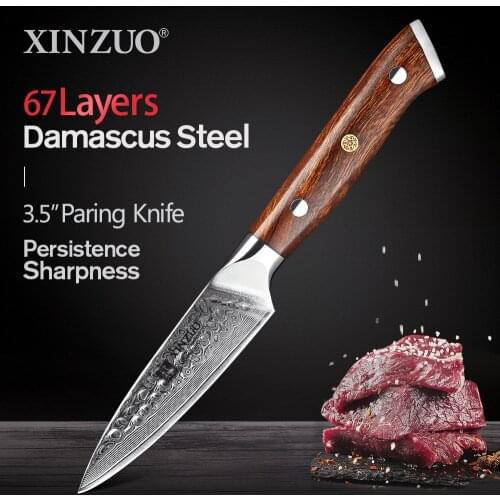 XINZUO 3.5'' Paring Knife VG10 Damascus Steel Ultra Sharp Cutter Kitchen Fruit Knives with North America Desert Ironwood Handle