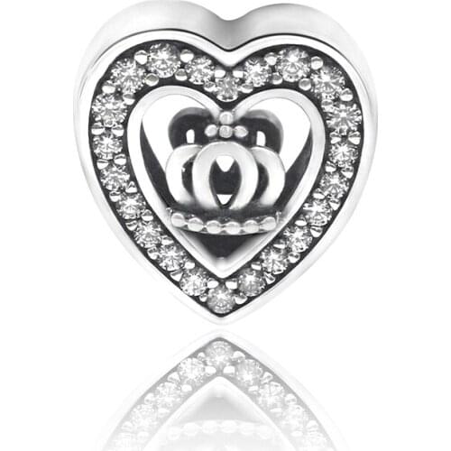 925 Sterling Silver Openwork Crown Heart Charm with Clear CZ Beads Fit Original Pandora Charms Bracelet Women Jewelry Making