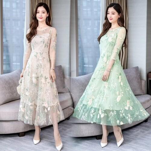 Chinese Style Vintage Lace Floral Embroidery Maxi Dress 2021 Autumn Plus Size Midi Dress Women Bodycon Sexy Mesh Party Vestidos